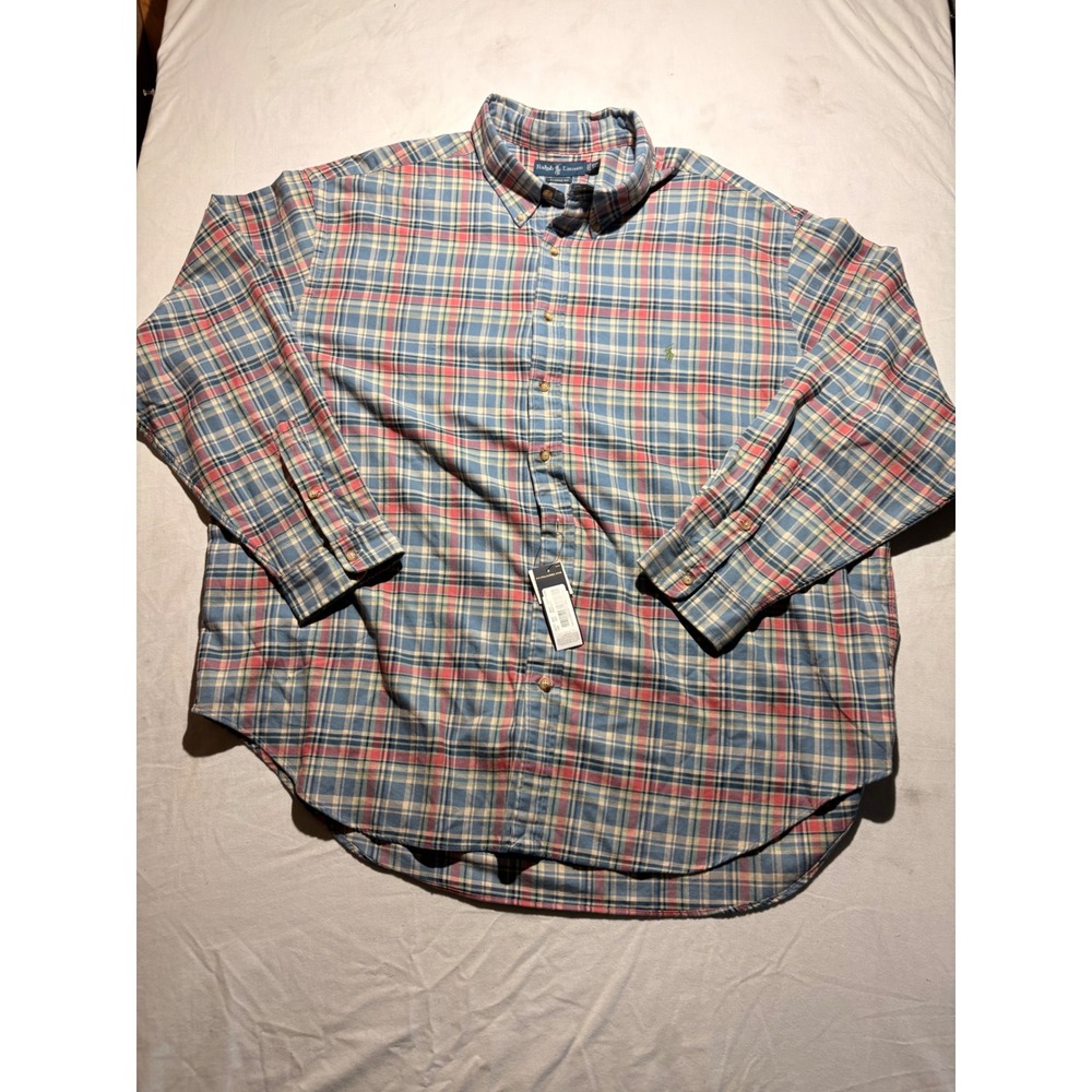 Polo Ralph Lauren Mens 4XB Big Classic Fit Plaid Twill Button Down Shirt Blue